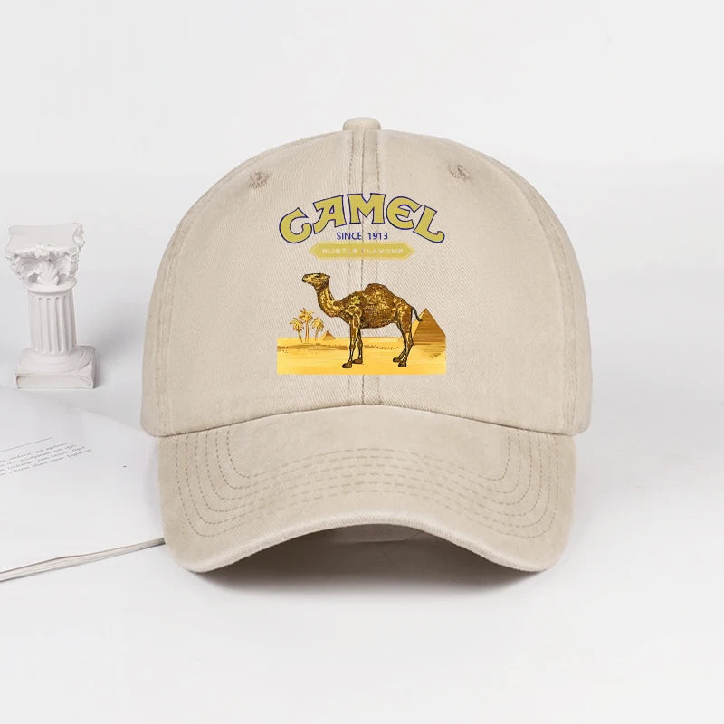 Vintage “Camel” Desert Scene Print Washed Baseball Cap - Adjustable Unisex Vintage Cap for Outdoor Hiking and Mountaineering 