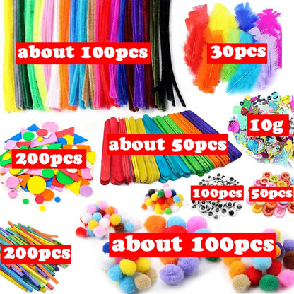 1000pcs Kids Crafts Art Supplies Kit Pipe Cleaners Pompoms Foam Stickers Feather Felt Cloth Button DIY Creative Craft Toy Gif
