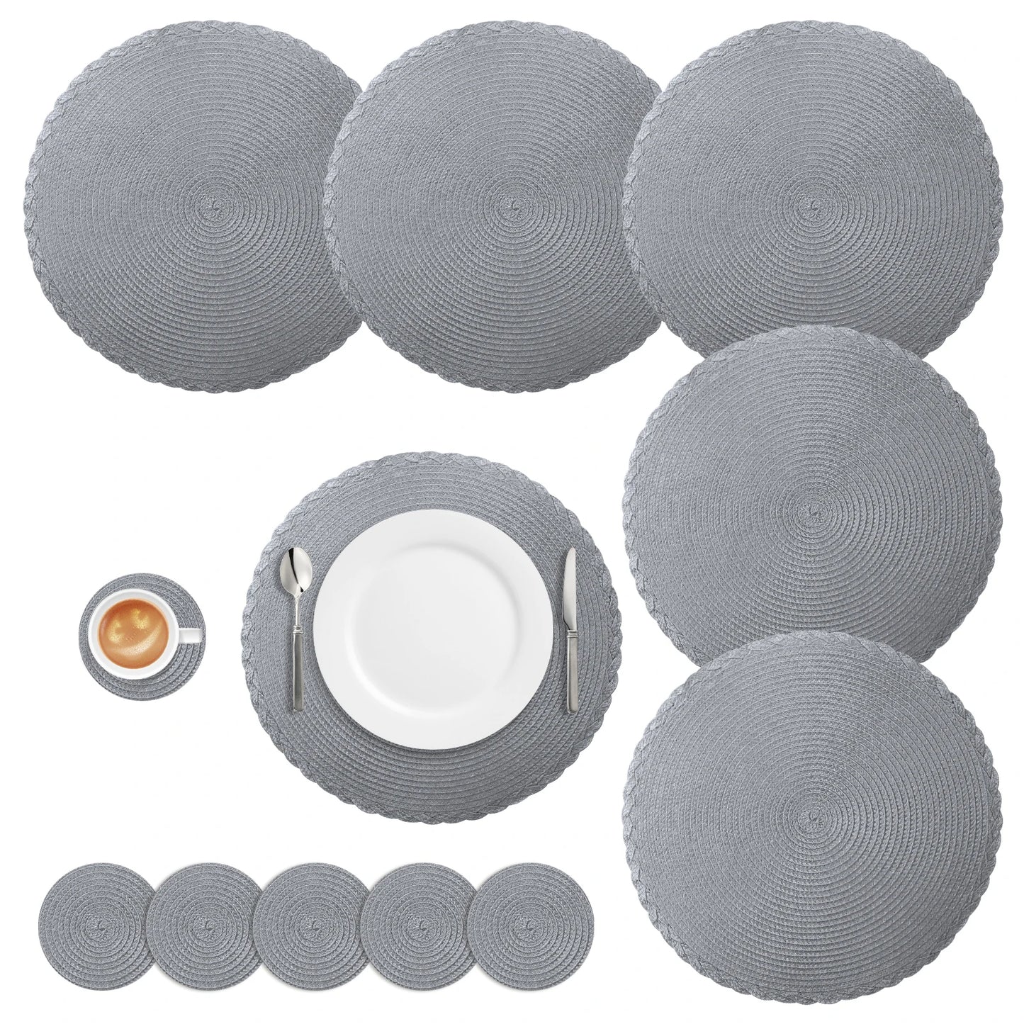Round Braided Placemats Set of 6 Washable PP/PET Heat Resistant 34cm Table Place Mat for Kitchen Xmas Dining Table Party Deco