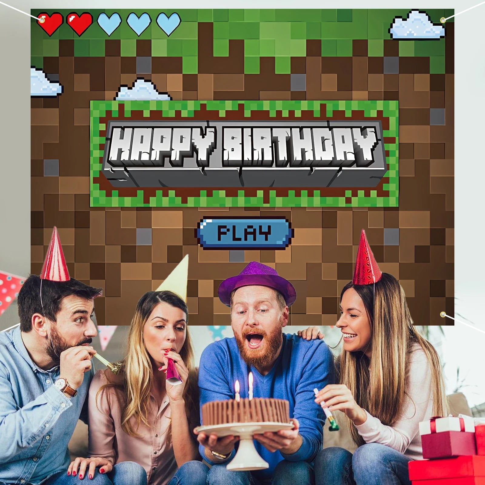Pixel Backdrop for Happy Birthday Video Game Themed Party Photography Background Mining Party Supplies Pixel Party Decoration