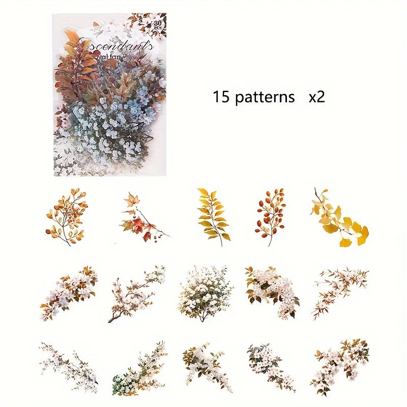 30 Pcs/Pack Vintage plant flowers PET waterproof sticker for DIY scrapbooking Journal Photo Album Decoration Materials Sticke