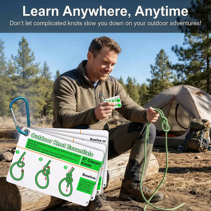 7PCS/SET Outdoor Knot Essentials Cards 27 Classic Knots Guide with Mini Carabiner, Durable Pocket Reference for Camping Backp