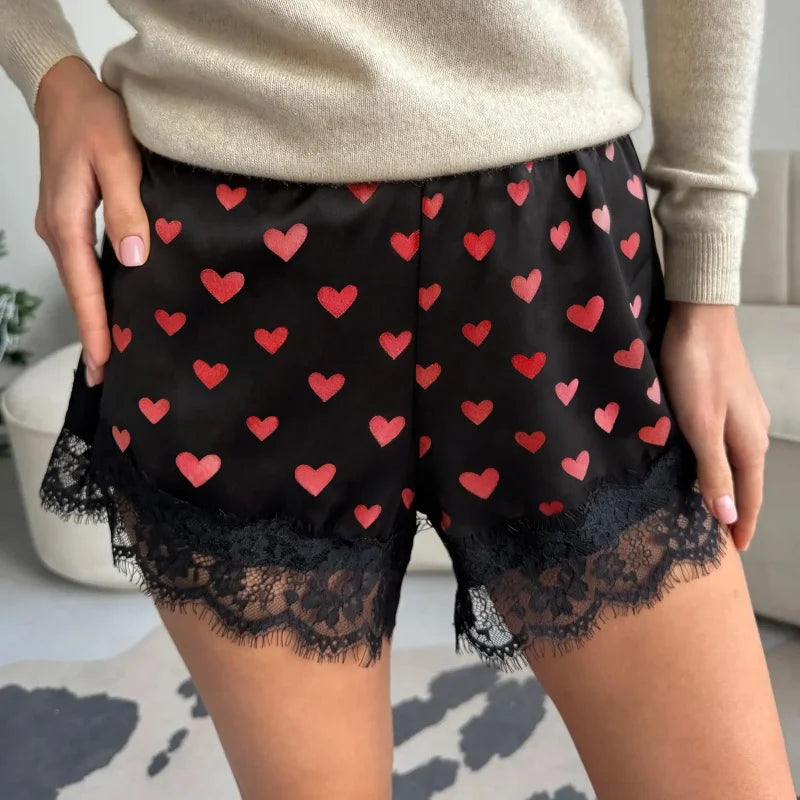 Women Heart Print Lace Satin Shorts Silk Y2k Elastic Waist Mini Shorts Coquette Aesthetic Boxer Slip Pettipants French Knicke