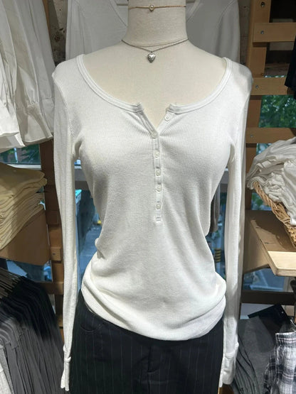 Six Buttons Ribbed Long Sleeve T-shirts Women Spring Round Neck Cotton Slim Tee Top Female Sweet Cute Pink Tshirt Y2k Tops Ne