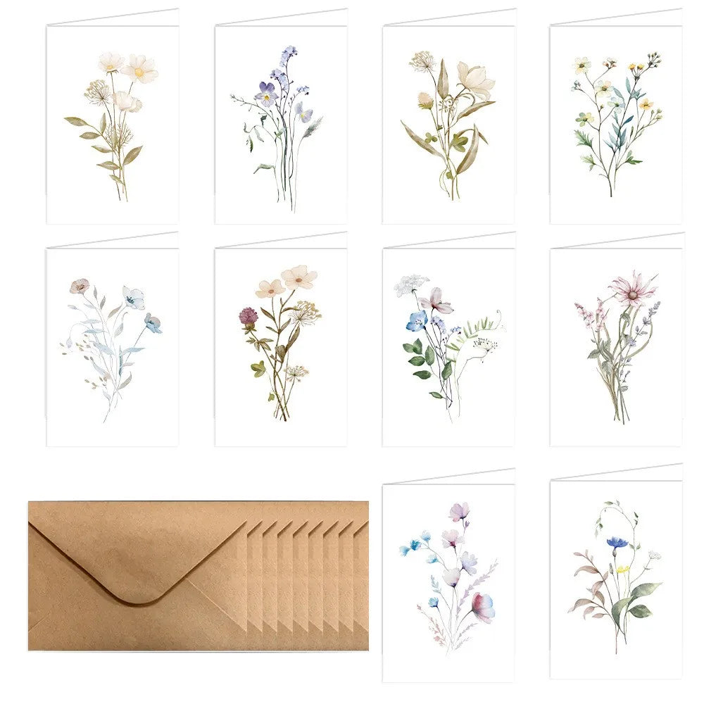 10 Pack Blank Greet Cards, Beautiful Watercolor Wildflower Blank Note Cards, Perfect Stationary Set For All Occasions - WHITE