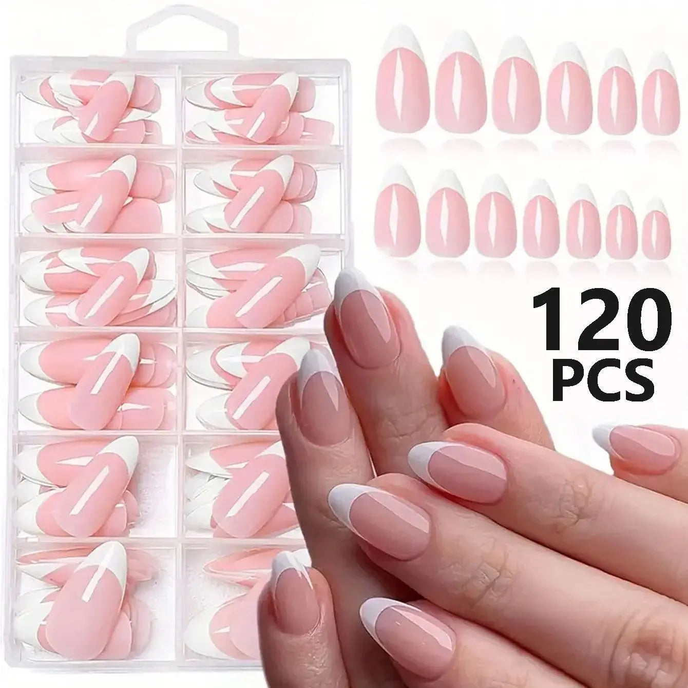 120PCS/Box AWhite Almond French Pointed Nail Smooth Nail, Fully Covered Acrylic Nail, Professional Salon And Diy Nail Art - P