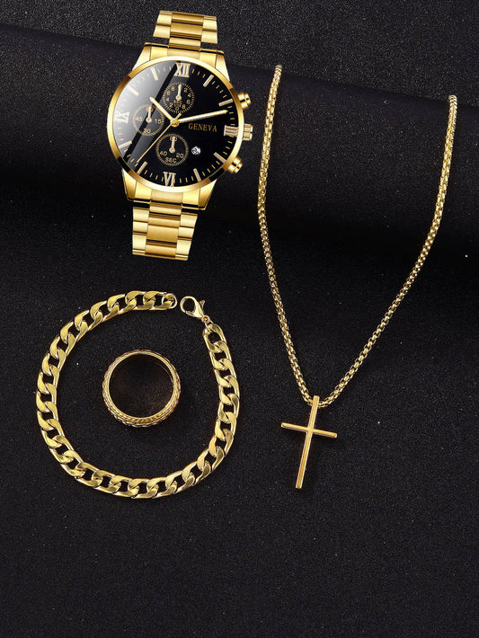 4pcs gold alloy Roman with calendar men's quartz watch and cross necklace bracelet ring set selected gift，Boxes not included