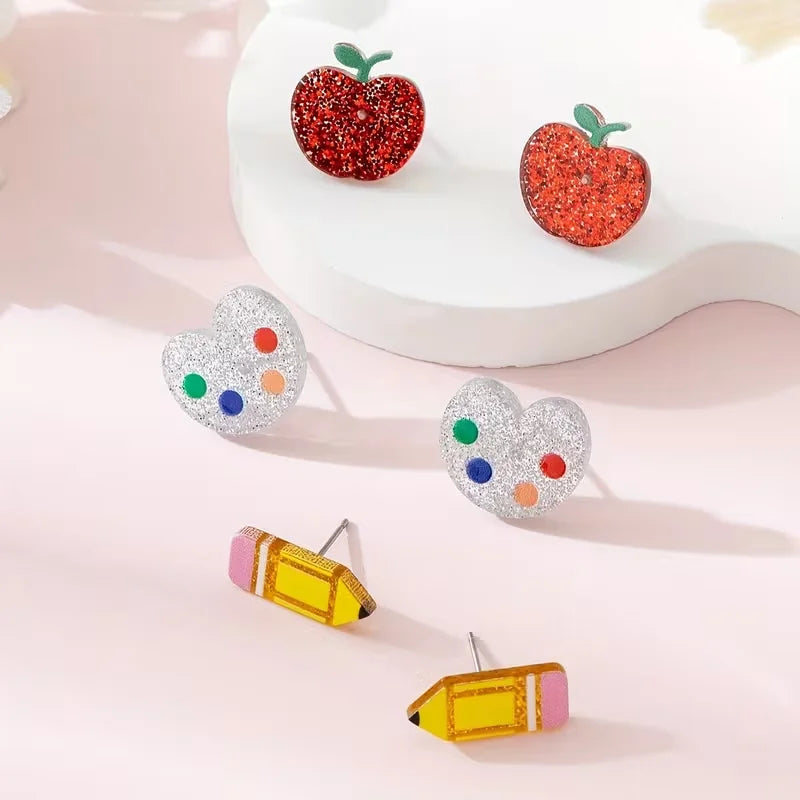 3 Pairs/Set Teacher's Day Colorful Apple Painting Pen Design Women's Jewelry Earrings Set, Gift for Teachers and Classmates