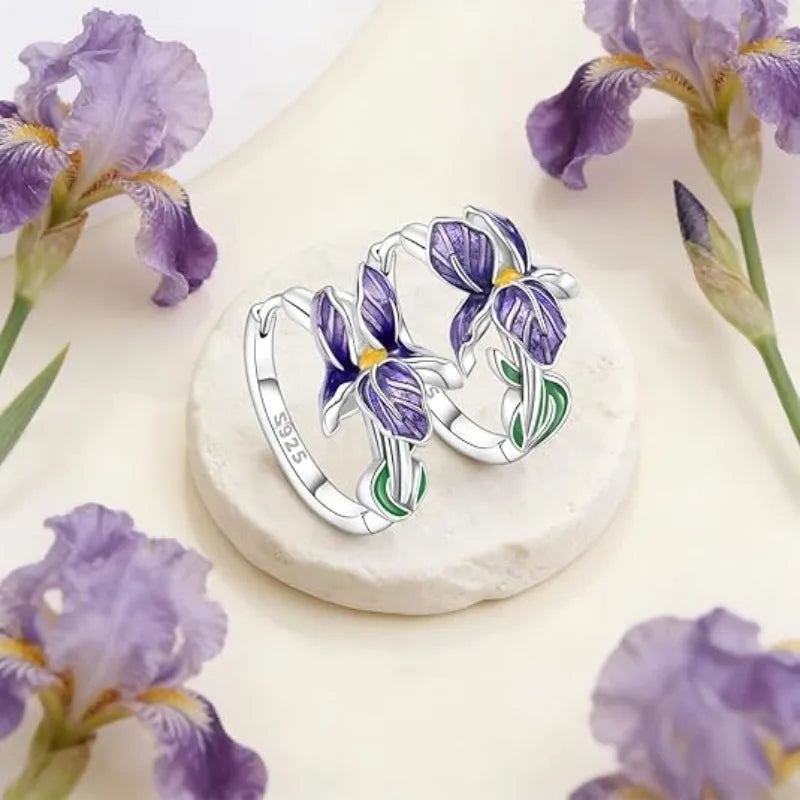 925 Sterling Silver Flower and Plant Series Purple Iris Earrings Exquisite Wedding Party Gifts for Ladies Jewelry Fashion Gif