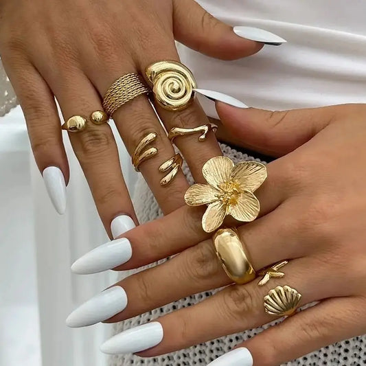 Ingemark 8Pcs/Set Vintage Metal Petal Flower Water Drop Open Rings for Women Trend 2025 Goth Geometric Ring Daily Jewelry Gif