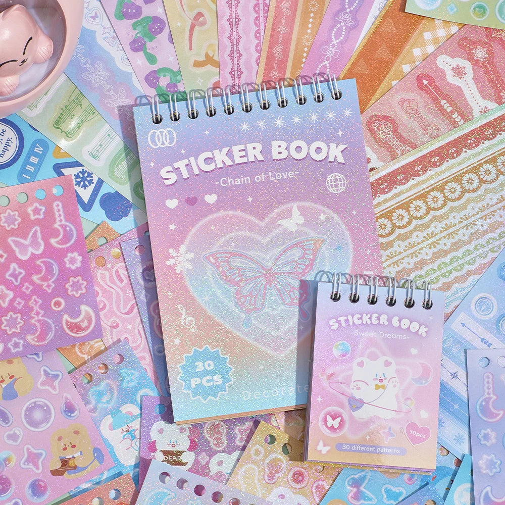 30 Sheets Cute Colorful Fantasy Paper Scrapbooking Stickers Book 30 Different Patterns DIY Decorative Aesthetic Journal Stick