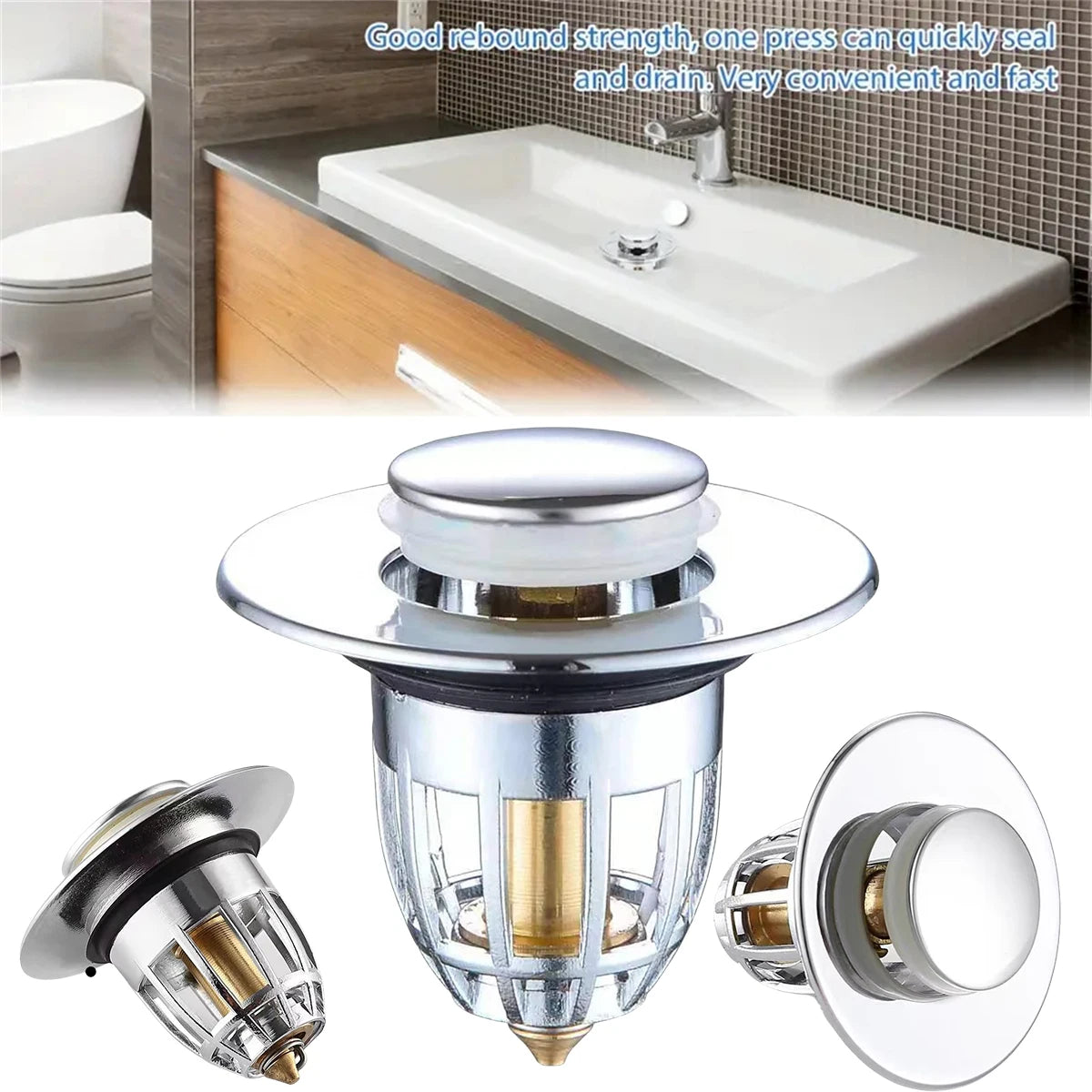 Universal Rebound Drain Plug Filter Basin Pop-up Chrome Sink Filter with Hair Catcher Bathroom Sink Drain Stopper Easy Push T