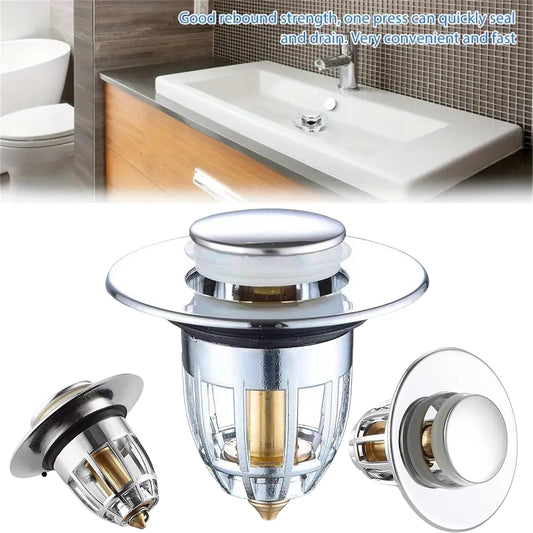 Universal Rebound Drain Plug Filter Basin Pop-up Chrome Sink Filter with Hair Catcher Bathroom Sink Drain Stopper Easy Push T