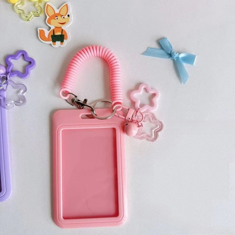 Cute Simple Protective Card Holder with Keychain Colorful Star Retractable Spring Lanyard ID Card Photo Postcard Holder Charm