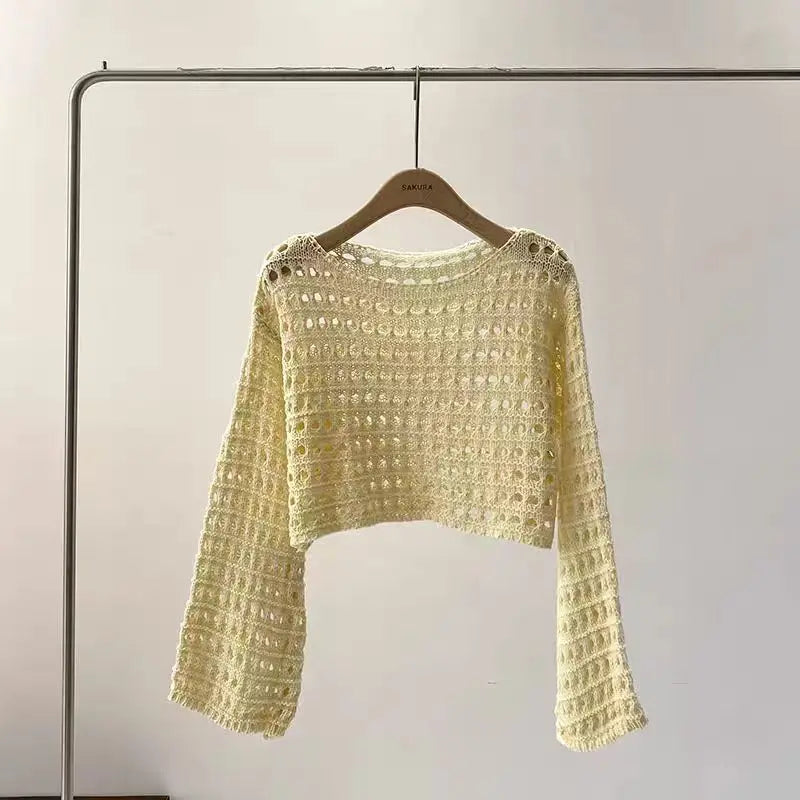 Long Sleeve Crochet Knit Top Summer Beach Bikini Cover Up Crop Pullover Wool Knitwear Blouse Women Vacation Boho Outfit - APR