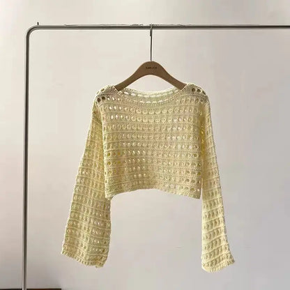 Long Sleeve Crochet Knit Top Summer Beach Bikini Cover Up Crop Pullover Wool Knitwear Blouse Women Vacation Boho Outfit - APR