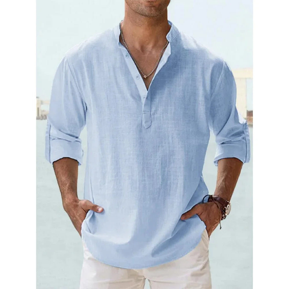 Cotton Linen Men's Long Sleeve Shirts Summer Solid Color Henley Collar Casual Beach Style Hawaiian Vacation