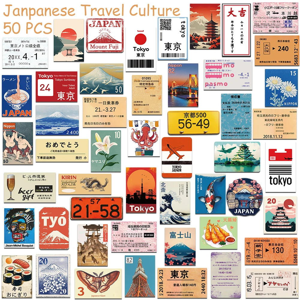 50pcs Japanese Travel Culture Stickers Decals For Phone Laptop Scrapbook Skateboard Guitar DIY Graffiti Aesthetic Stickers