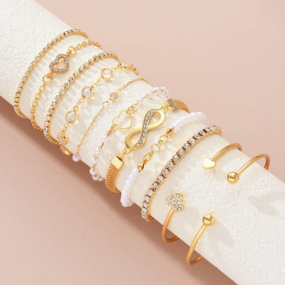 11 Pcs Boho Pearl Crystal Heart Infinity Sign Bracelets for Women Vintage Elegant Gold Color Bracelets Sets New Vacation Jewe