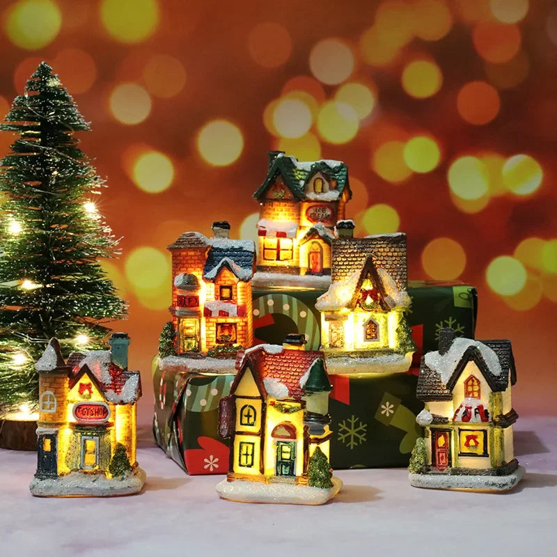 Christmas Decoration House LED Light Xmas Durable Ornaments Small Resin Mini House Miniature Village Building for Home Kids G