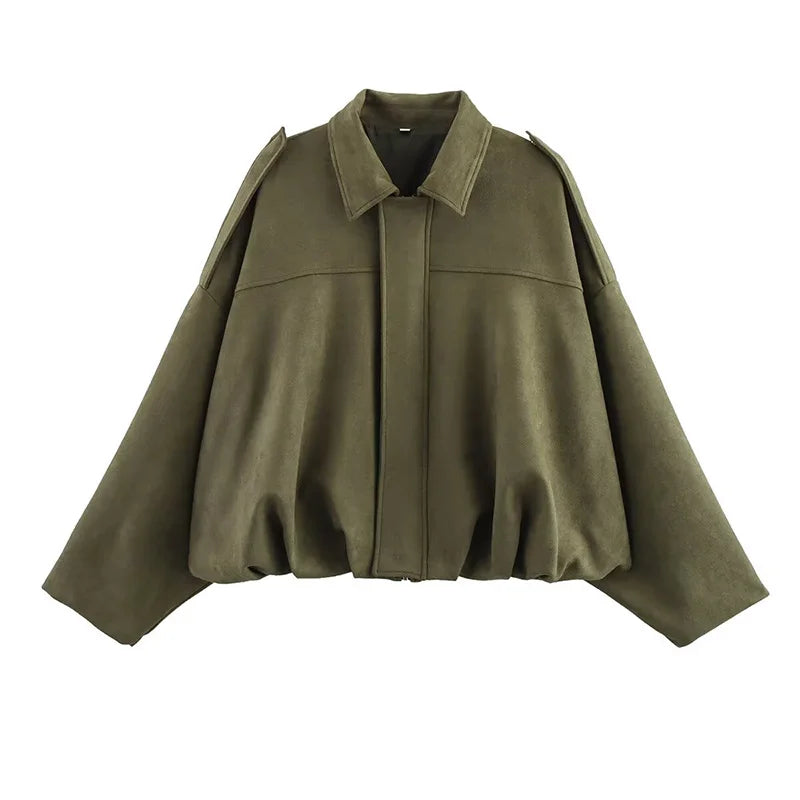Women's Bomber Jackets Coats Fashion Turn-down Collar Long Sleeve Loose Coats Vintage Female Outerwear Chic Tops - as picture