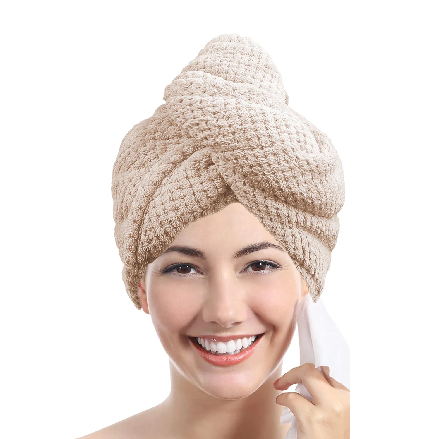 Solid Color Hair Towel Textured Dry Hair Cap 9.8' X 25.5' Absorbent Hair Towel Wrap for Button-Down Women - Khaki