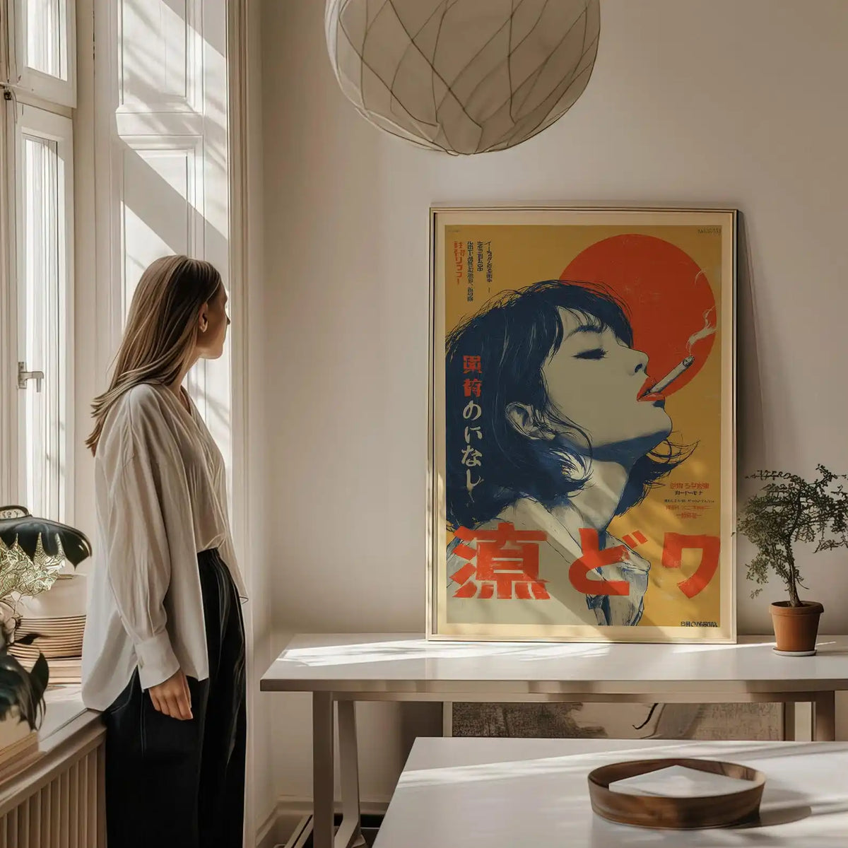 Retro Japanese Woman Smoking Canvas Wall Art Print, Frameless Vintage Indie Canavs Poster for Living Room Decortion Women's G