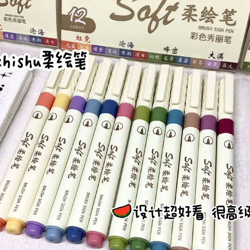 12/6 Color Vintage Watercolor Lettering Art Marker Drawing Pen Set Multicolor Soft Brush Tip Calligraphy Painting Art Supplie