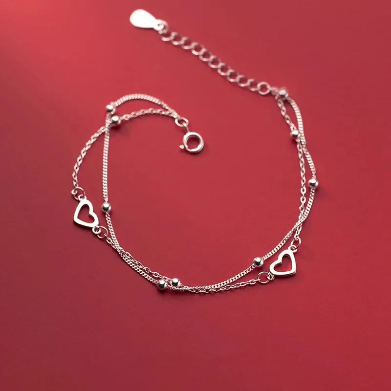 925 Sterling Silver Hollow Heart Bracelets For Women Girls Vintage Korean Design Double Layer Beads Bracelet Party Jewelry Gi