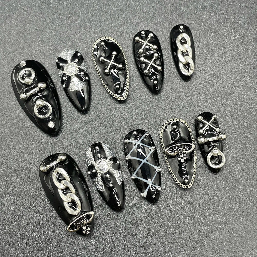 10Pcs Handmade Black Almonds Press On Nails Metal Chain Cool Fashion False Nail Reusable Full Cover Charm Nails Art