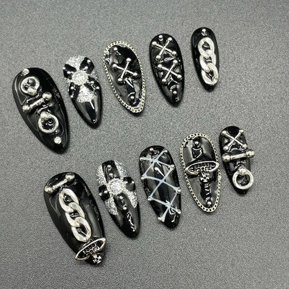 10Pcs Handmade Black Almonds Press On Nails Metal Chain Cool Fashion False Nail Reusable Full Cover Charm Nails Art