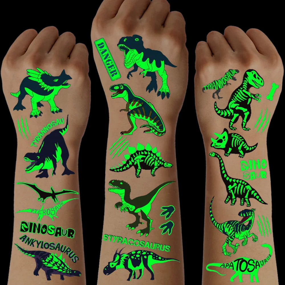 10 Sheets Luminous Dinosaur Temporary Tattoos, Waterproof Glow In The Dark T-Rex Pterosaur Velociraptor Triceratops Stegosaur
