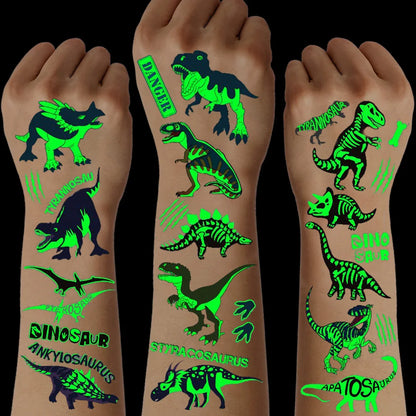 10 Sheets Luminous Dinosaur Temporary Tattoos, Waterproof Glow In The Dark T-Rex Pterosaur Velociraptor Triceratops Stegosaur