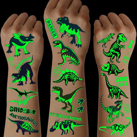 10 Sheets Luminous Dinosaur Temporary Tattoos, Waterproof Glow In The Dark T-Rex Pterosaur Velociraptor Triceratops Stegosaur
