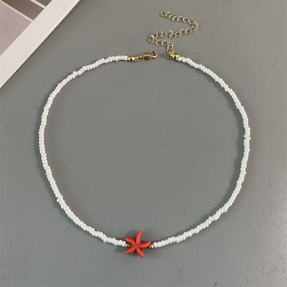 Shell Starfish Woman Short Necklace Summer Holiday Gift Handmade Choker Seed Beads Neck Jewelry White - F