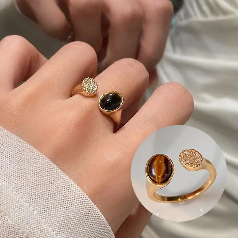 European and American Retro Metal Geometric Rhinestone Contrasting Open Rings For Women‘s Trendy Jewelry Finger Accessorioes 