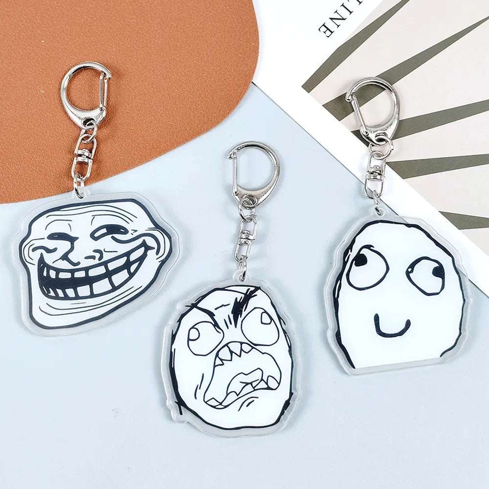 Creative Troll Face Keychains No Me Gusta Rage Forever Alone Acrylic Pendant Key Chain Backpack Car Ornament Comic Fans Gift