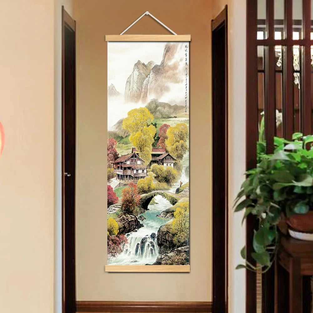 Chinese Traditional Style Four Seasons Landscape Canvas for Living Room Wall Art Poster Solid Wood Scroll Paintings Home Deco