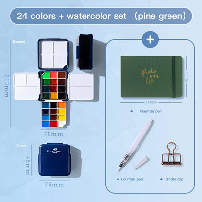 Faber Castell Semi-Dry Solid Watercolor Paints Set For Beginners Student Art Supplies Tin Box Portable 24 Colors Drawing Tool