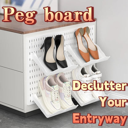 Home Office Pegboard Wall Storage Panel, PP Plastic Hole Board with Multi Hooks Shelf for Study Desk Stationery, Black White