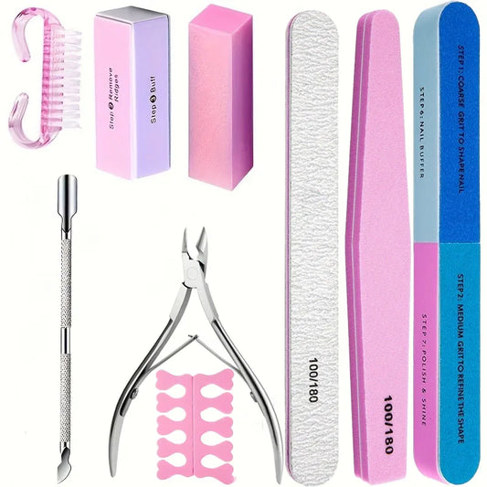 10/15pcs Professional Nail Art Kit with 100/180 Grit Files,Buffer Sponge,Brush,Scissors,Cuticle Nippers Pushers Gel Polish To