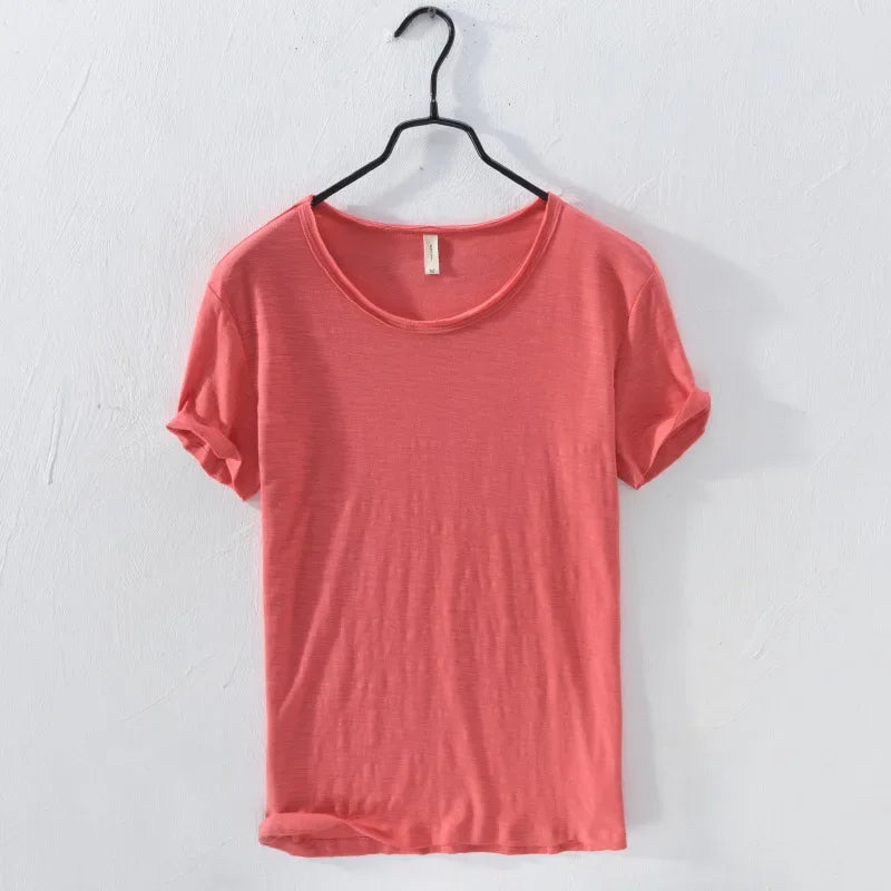 Retro Raw Edge T-Shirt for Men, 100% Cotton, Lightweight,Breathable,Slim-fit, Monochromatic, O-Neck, Casual Basic Top - Red /