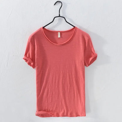 Retro Raw Edge T-Shirt for Men, 100% Cotton, Lightweight,Breathable,Slim-fit, Monochromatic, O-Neck, Casual Basic Top - Red /