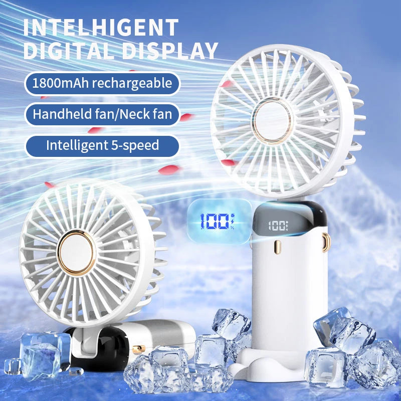 Handheld Mini Fan Foldable Portable Neck Hanging Fans 5 Speed USB Rechargeable Fan with Phone Stand and Display Screen 1800mA