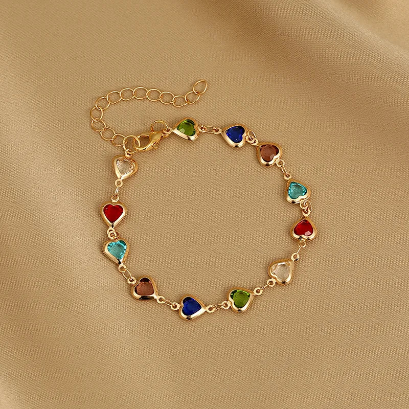 Elegant Red Crystal Zircon Metal Chain Bracelets for Women Colorful Heart Bracelets Party Wedding Wrist Charms Jewelry Gift -