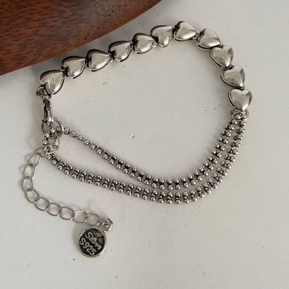 100% Solid 925 Sterling Silver Metal Bracelet for Women Vintage Handmade Simple Retro Heart Chain Bracelet Birthday Gift Part