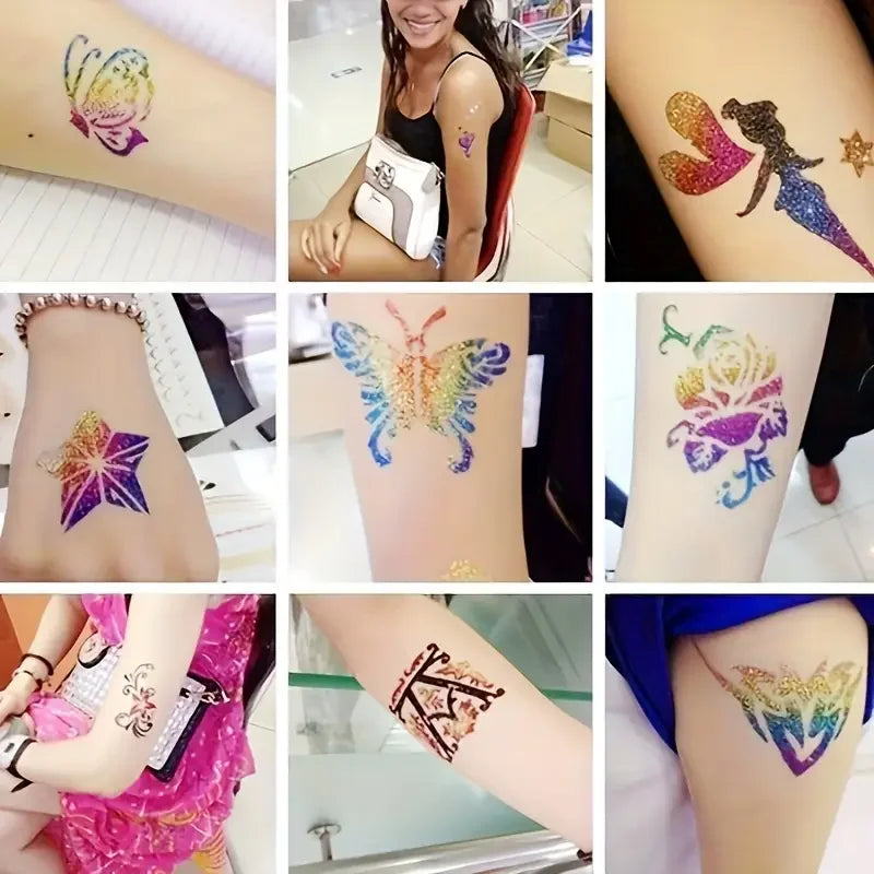 Glitter Temporary Tattoo Set 24 Colors with 2 Bottles of Glue,3 Sheets of Stencil Paper for Stage Performances,Christmas Part