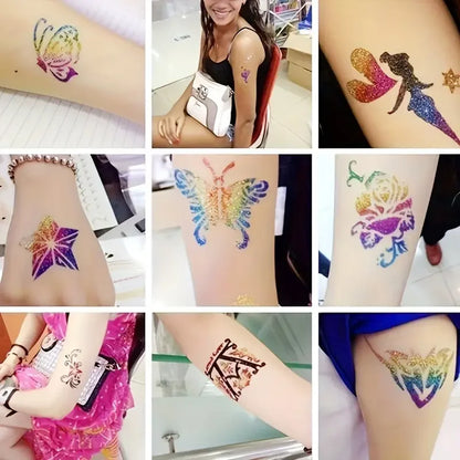 Glitter Temporary Tattoo Set 24 Colors with 2 Bottles of Glue,3 Sheets of Stencil Paper for Stage Performances,Christmas Part