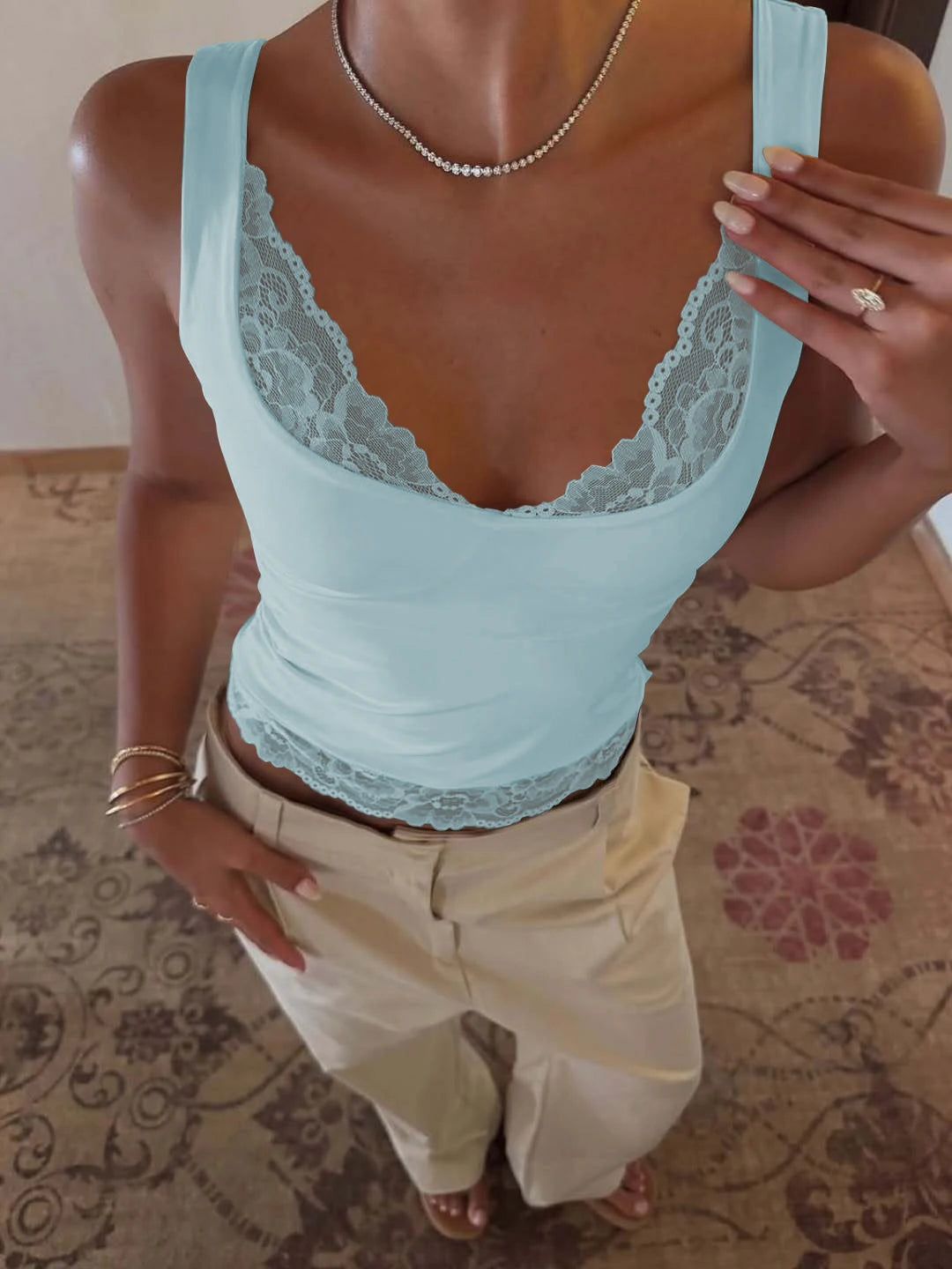 Dulzura Square Collar Backless Slim Lace Ruffles Patchwork Tank Top Women'S Fashion Sexy Y2K Top Party Vacation Summer Clothe