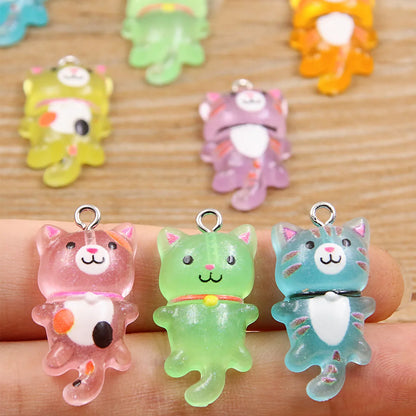 10pcs Mixed Cartoon Cute Cat Design Charms 3D Luminous Resin Animal Pendants For DIY Bracelet Necklace Jewelry Making Accesso